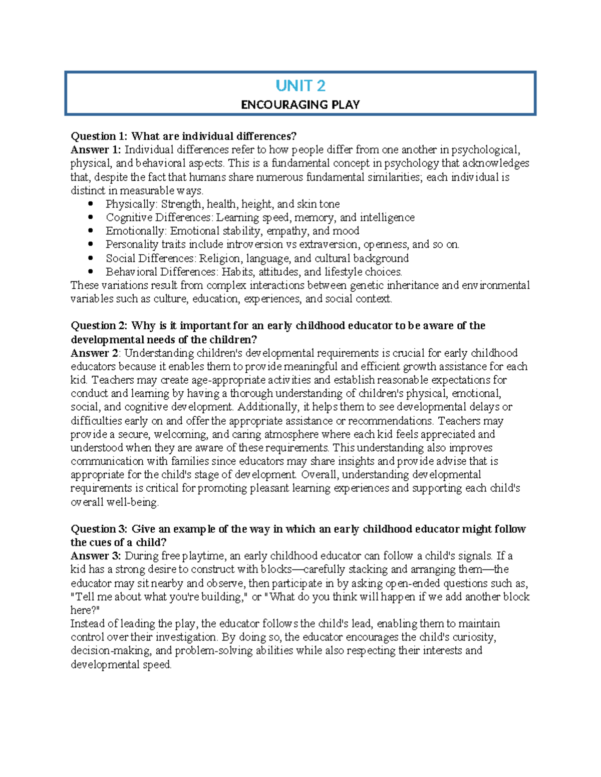 UNIT 2 Assignment 2: Understanding Individual Differences in Early ...