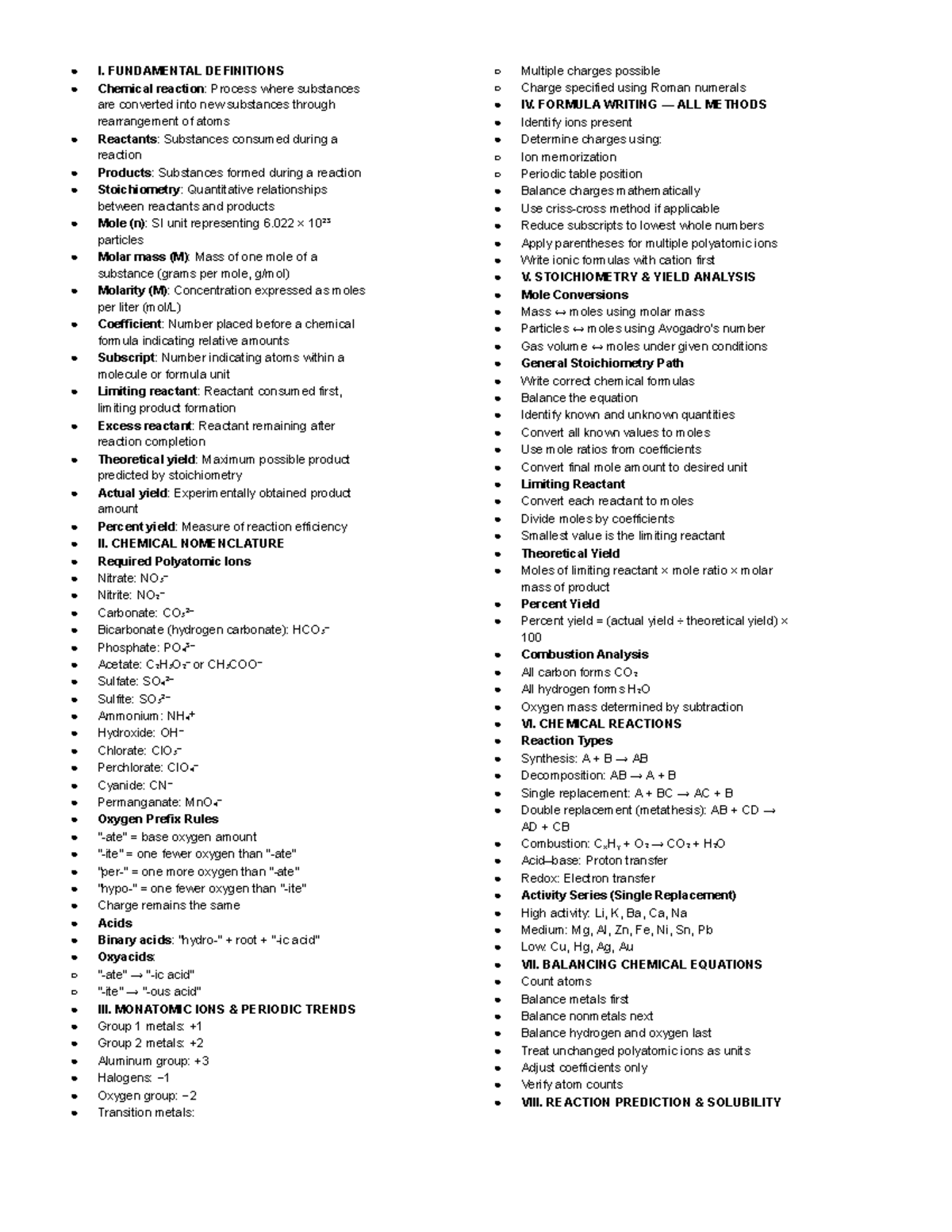 CHEM 101 - Chemical Reaction Cheat Sheet for Lab - Studocu