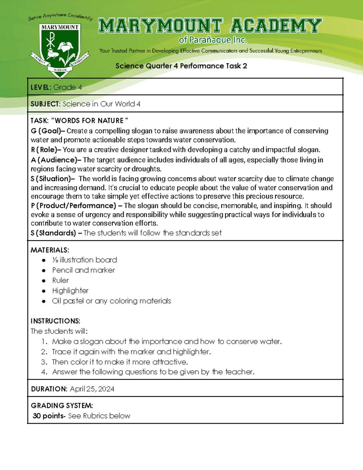 PT 2: Grade 4 Science Performance Task on Water Conservation Slogans ...