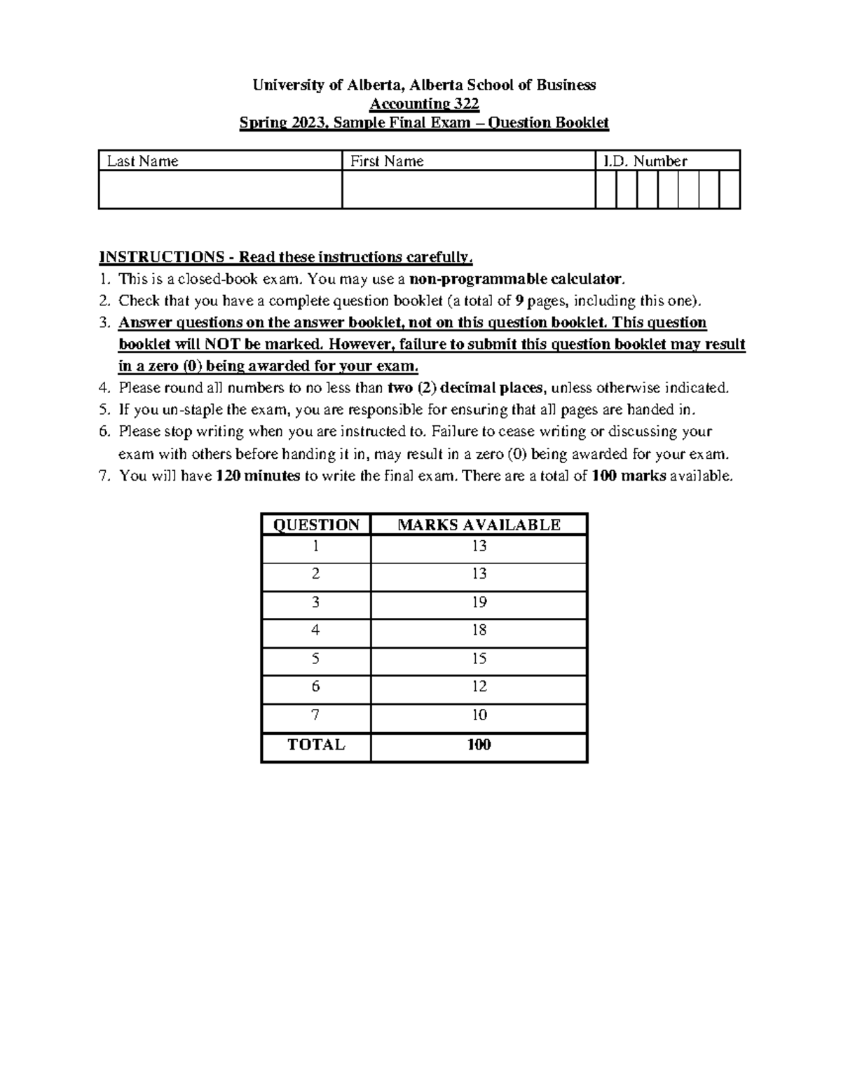 Acctg 322 Sample Final - University of Alberta, Alberta School of ...