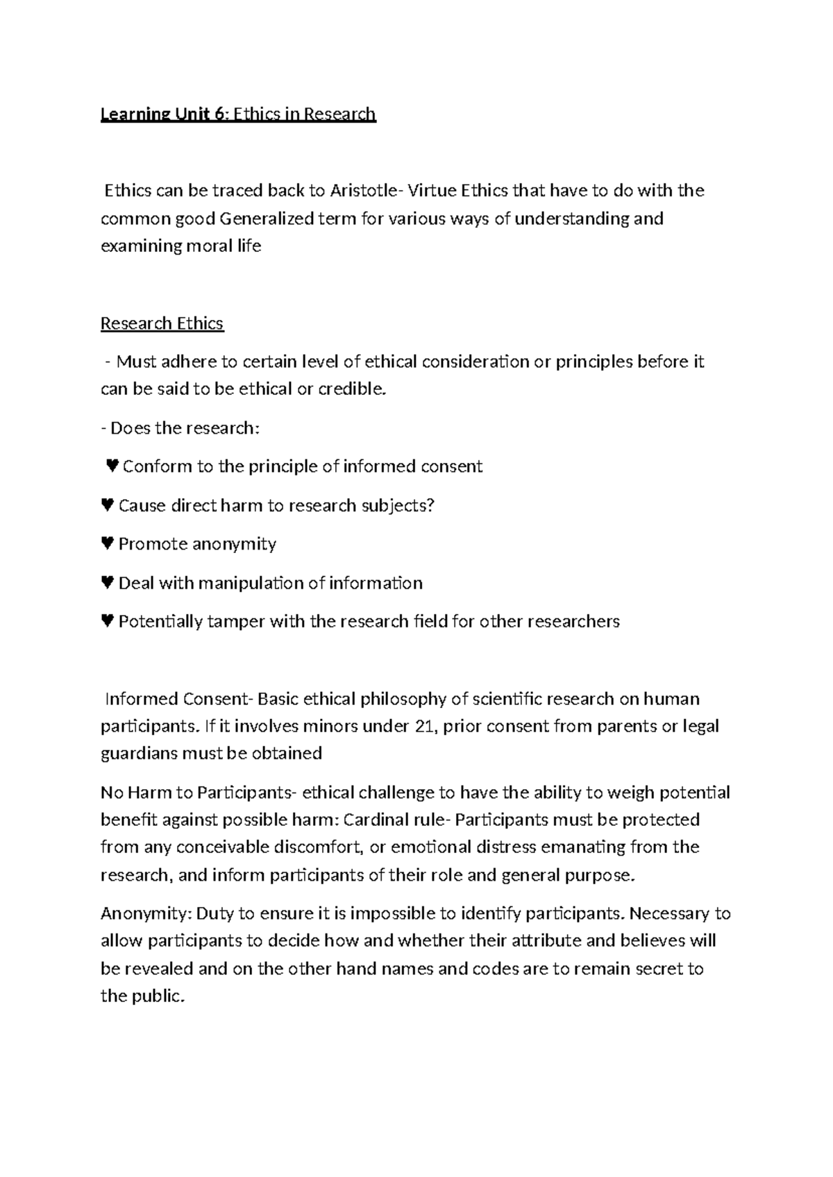 Unit 6 - unit 6 summaries - Learning Unit 6: Ethics in Research Ethics ...