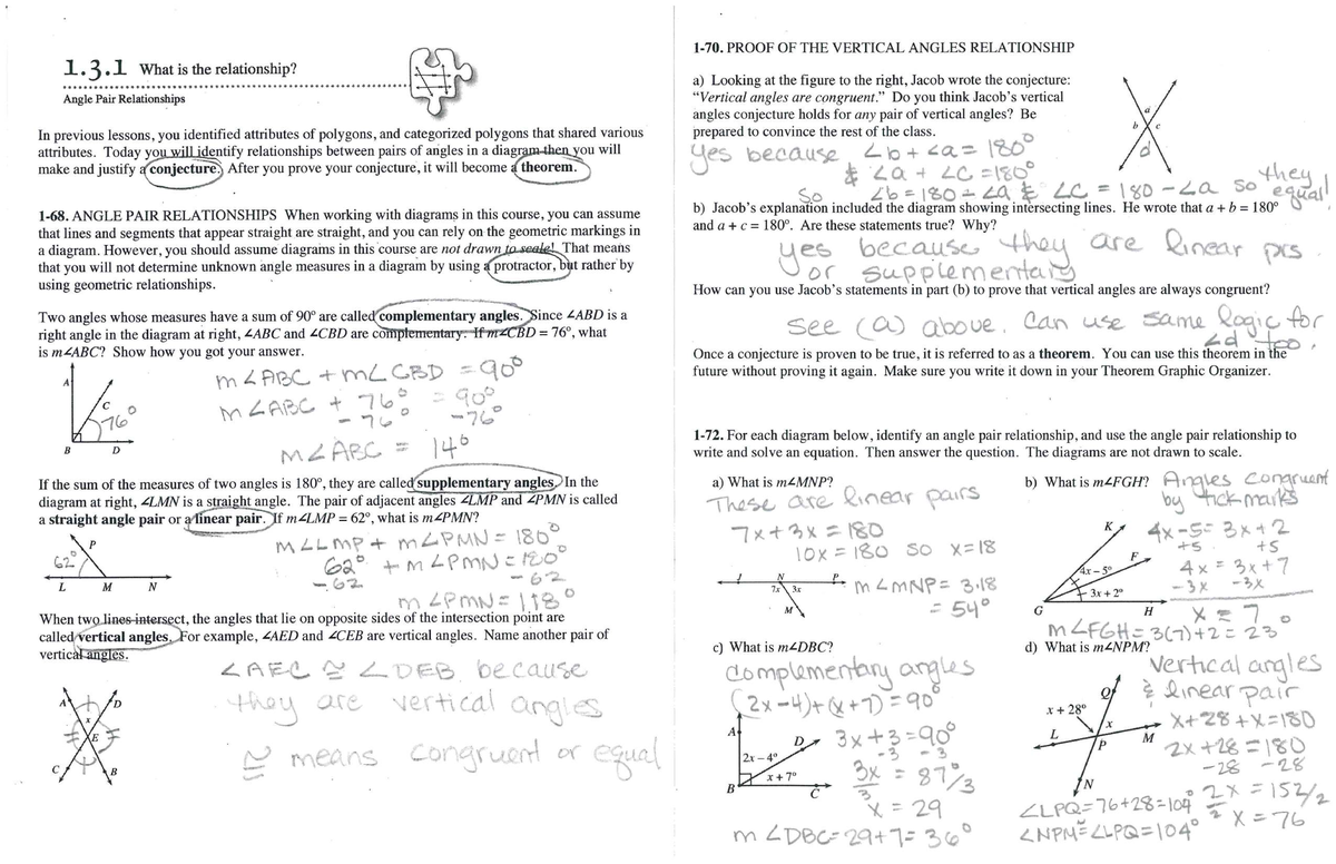 Vertical Angles Relationship Proof - 1.3.1 Notes & Answers - Studocu
