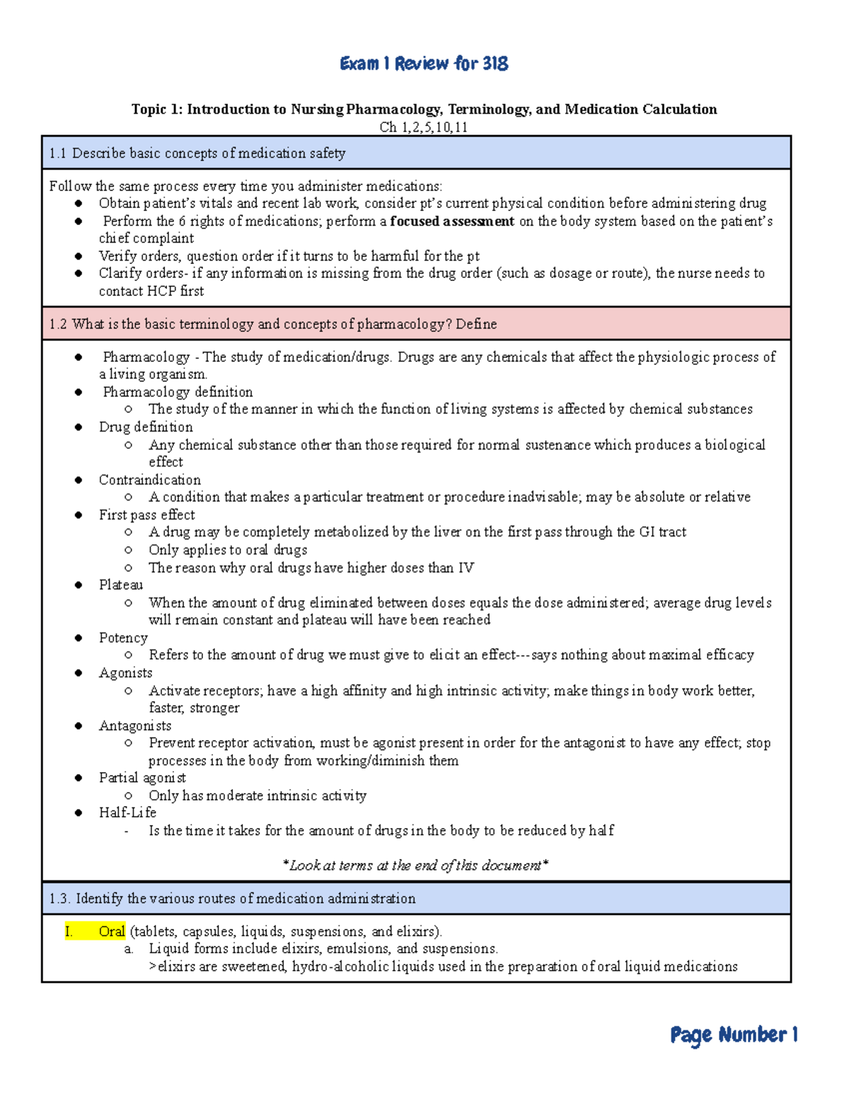 Exam 1 Study Guide for Nursing 318: Pharmacology and Medication Safety ...