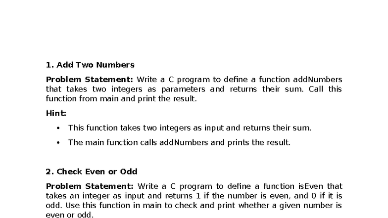 C Programming Function Questions: Add, Even/Odd, Max, Factorial - Studocu