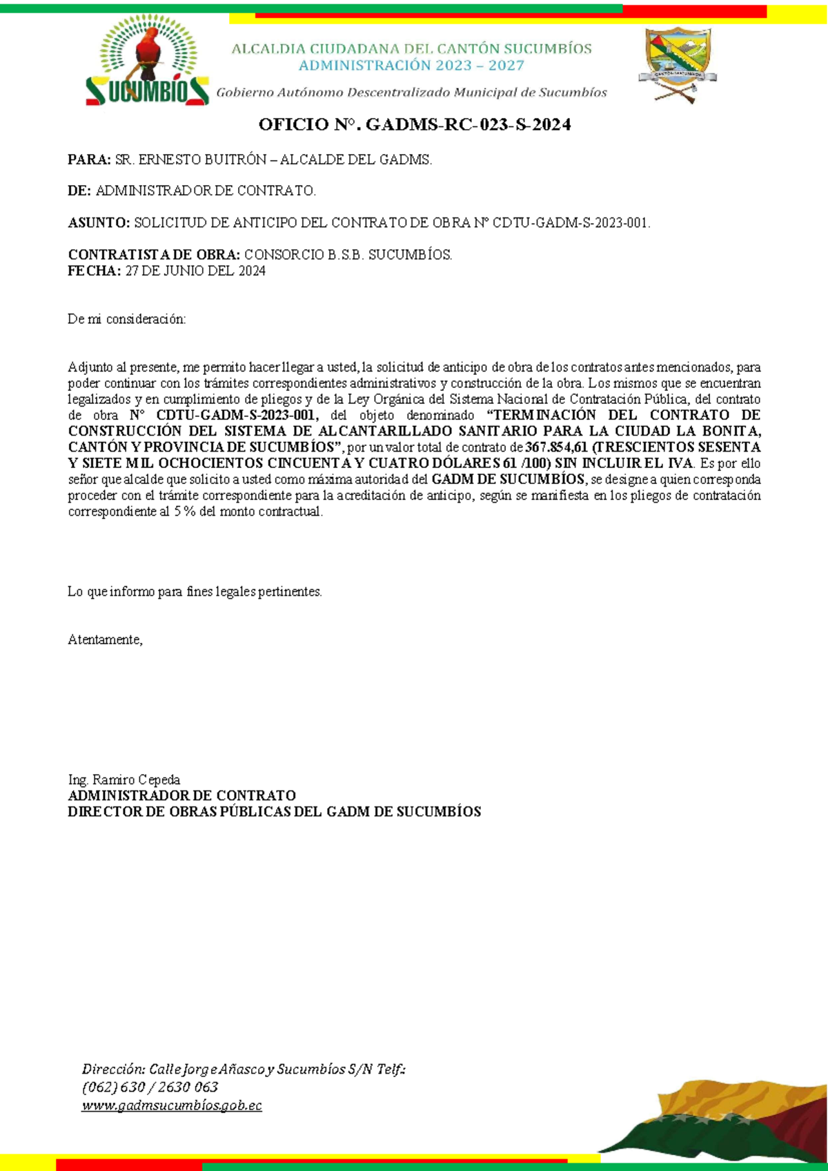 Oficio N° GADMS-RC-023-S-2024: Solicitud de Anticipo de Contrato de Obra - Document Preview