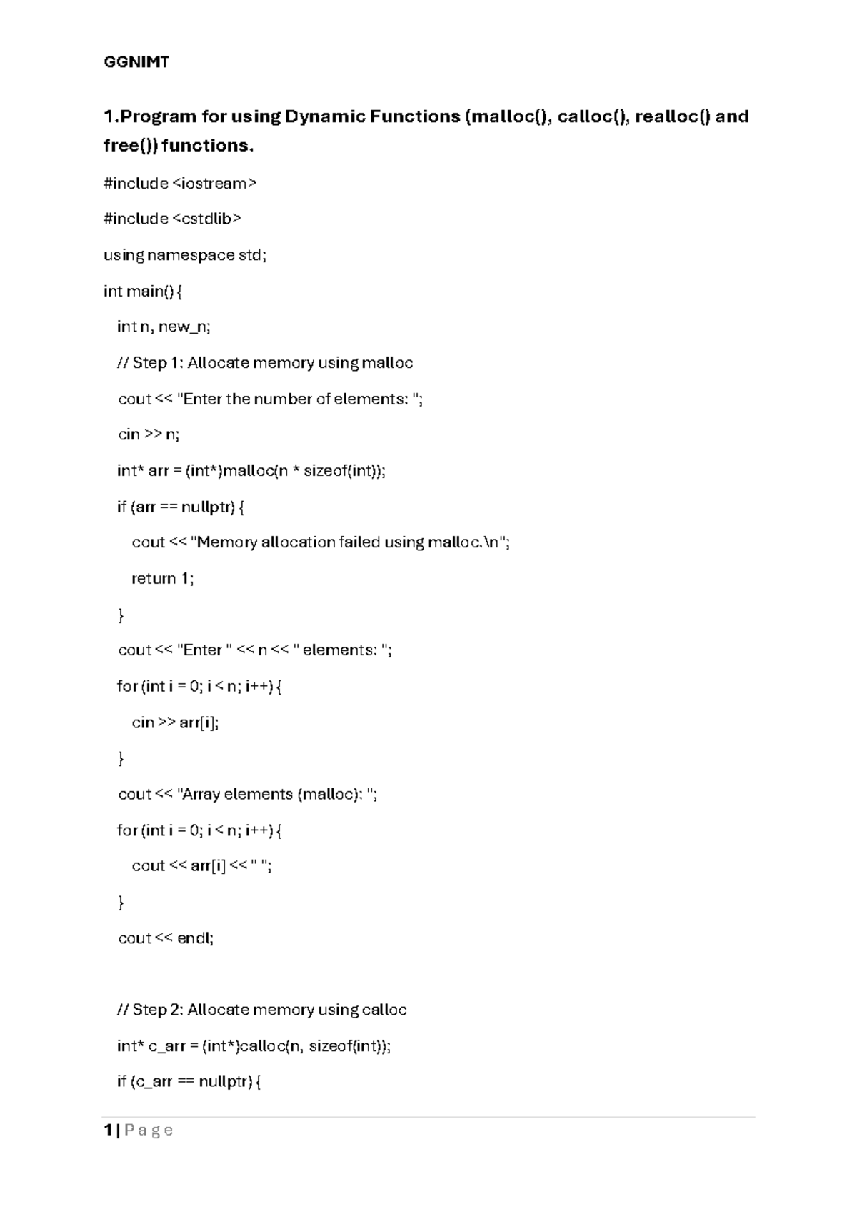 GGNIMT Practical File: Dynamic Functions, Matrix Operations, and ...
