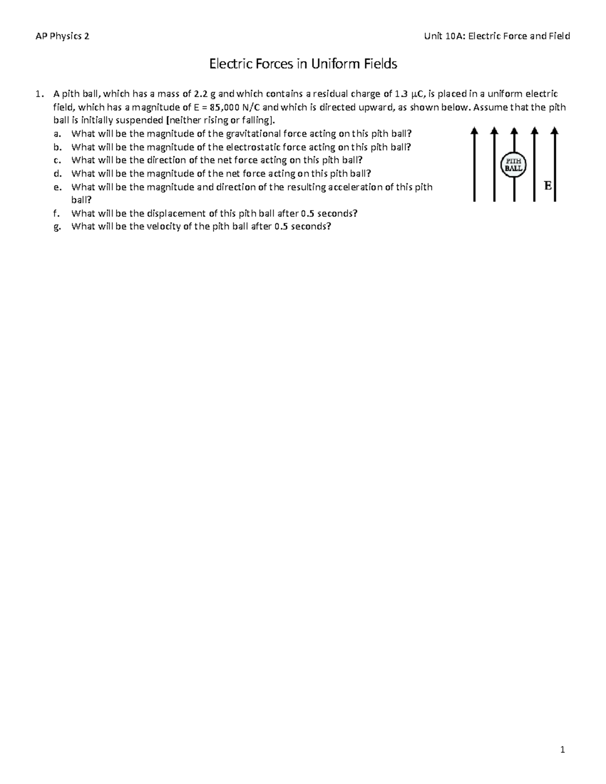 AP Physics 2 Unit 10A: Electric Forces in Uniform Fields Analysis - Studocu