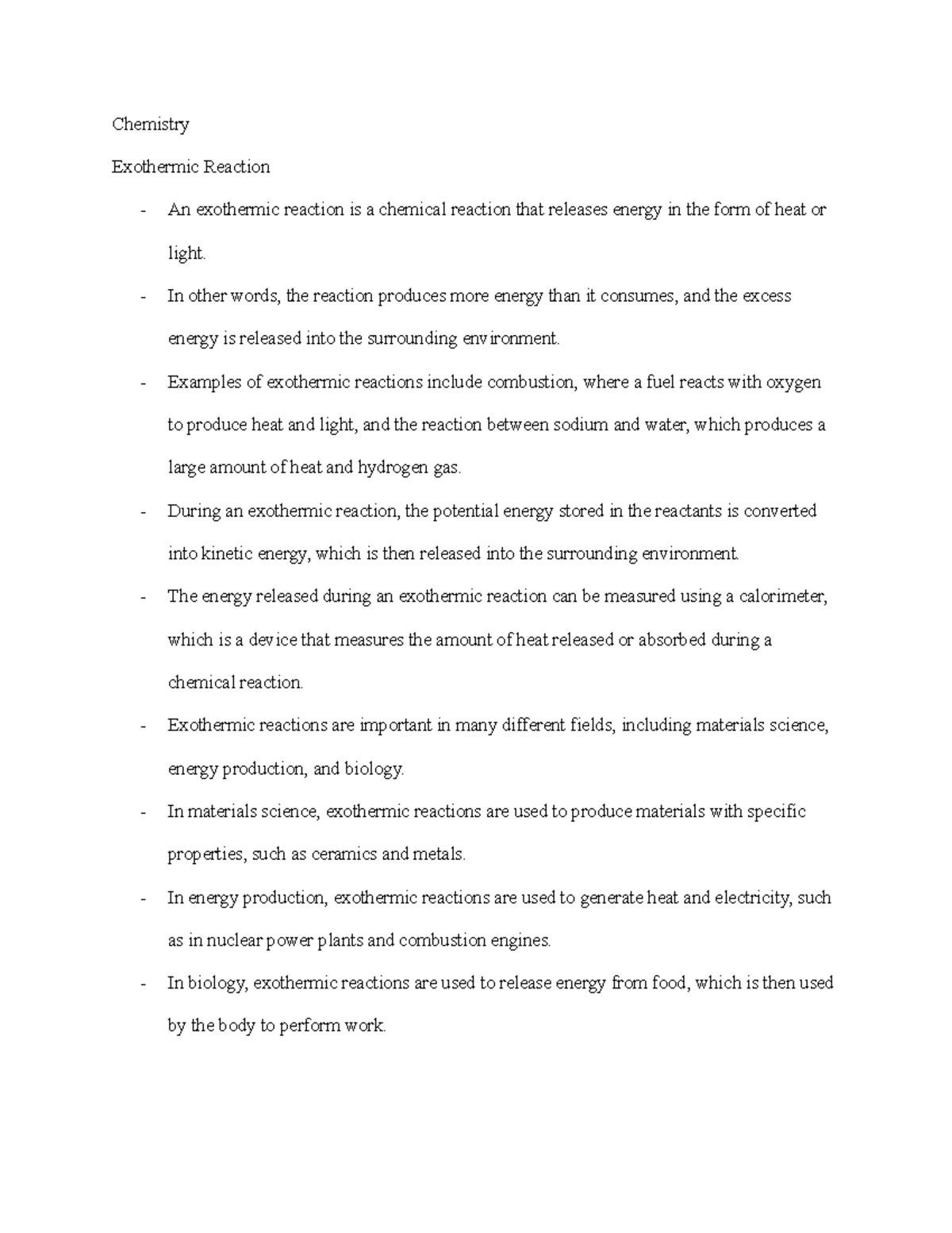 Chemistry-Exothermic Reactions: Energy Dynamics and Examples - Studocu