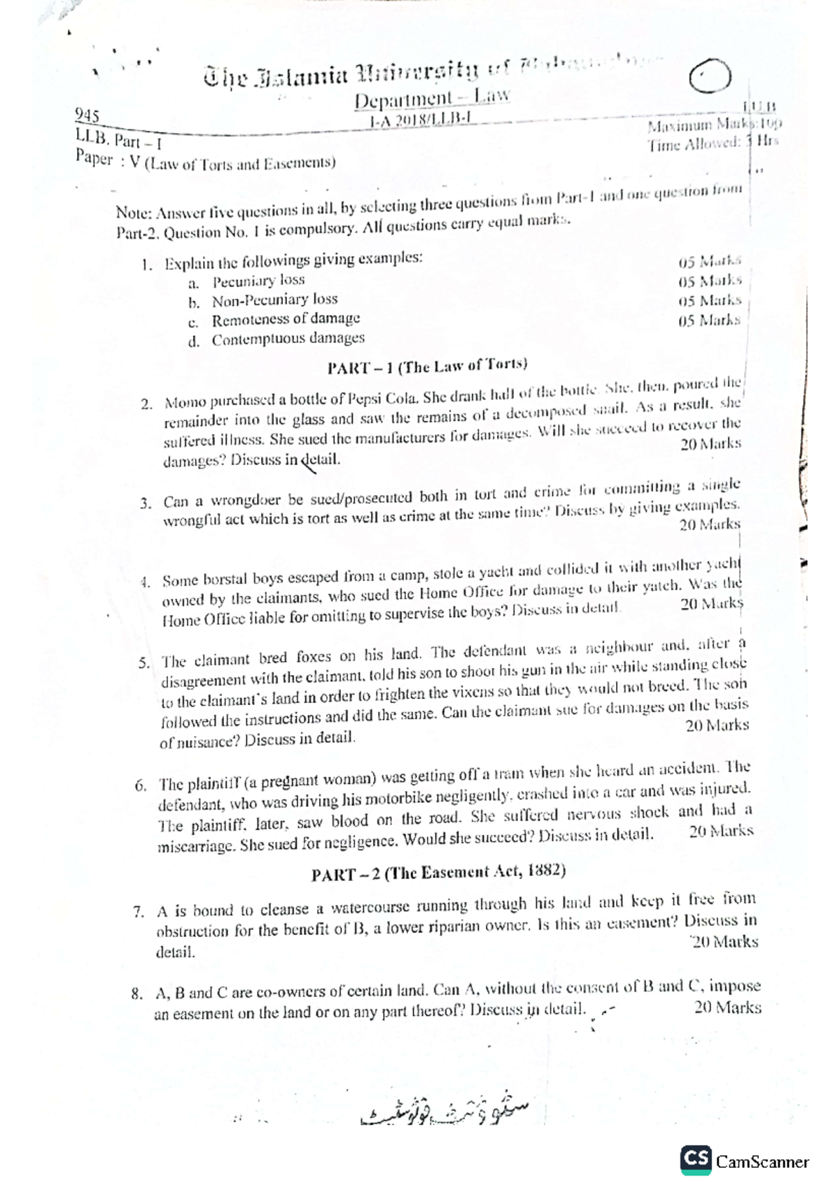 Past Papers for Law 945: Torts and Easements Examination Notes - Studocu