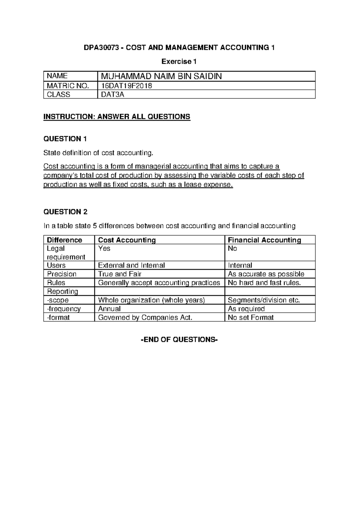 DPA30073 - Practical Notes on Cost & Management Accounting 1 - Studocu