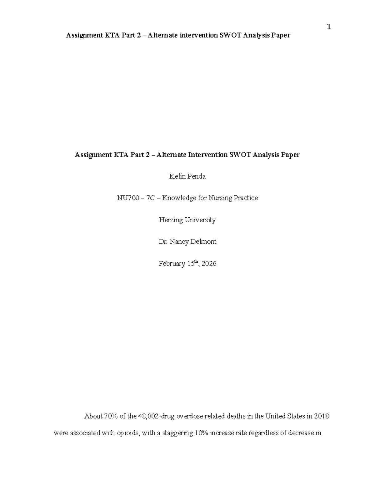 NU700 7C Final Exam: SWOT Analysis of Naloxone Education Intervention ...