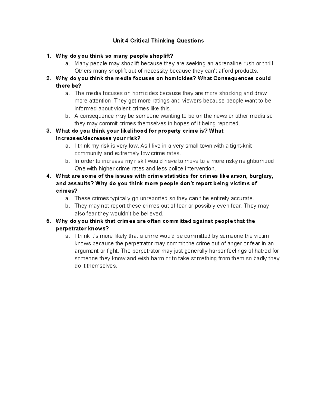 Unit 4: Critical Thinking Q&A on Crime and Media Influence - Studocu