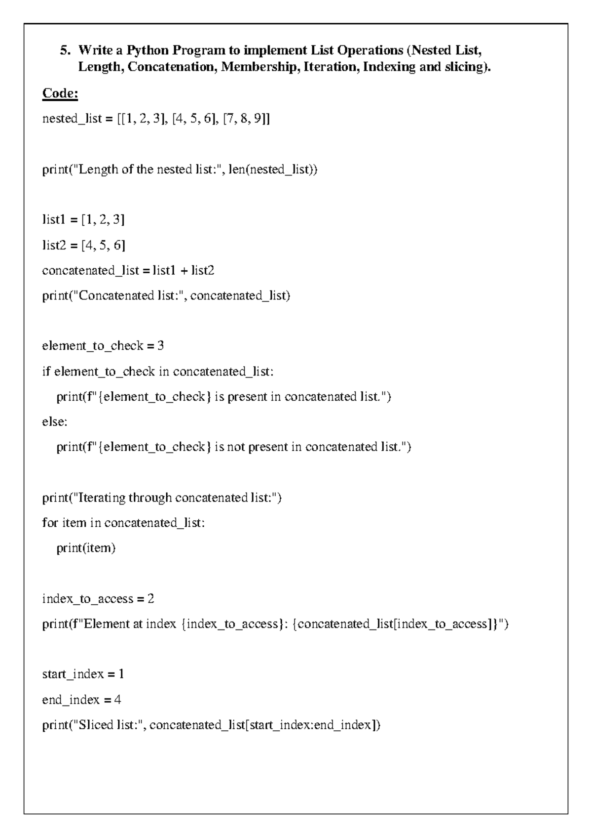 Python Code Implementation for List Operations (5, 6, 7, 8, 9, 10 ...