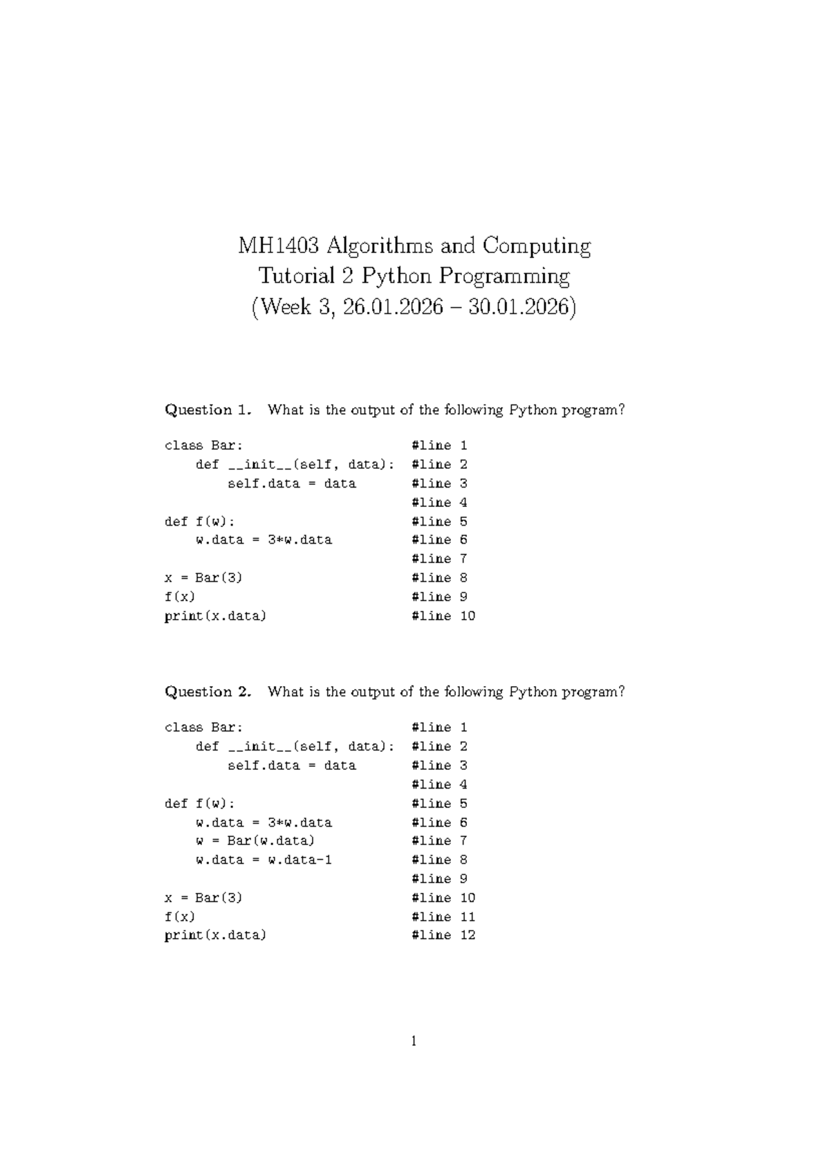 MH1403 Algorithms and Computing Tutorial 2: Python Programming Output ...