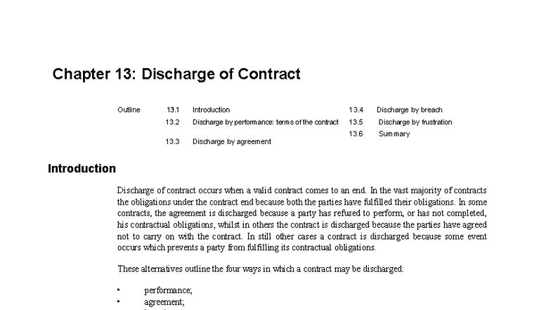 Contract Law: Discharge of Contract - Chapter 13 Overview - Studocu