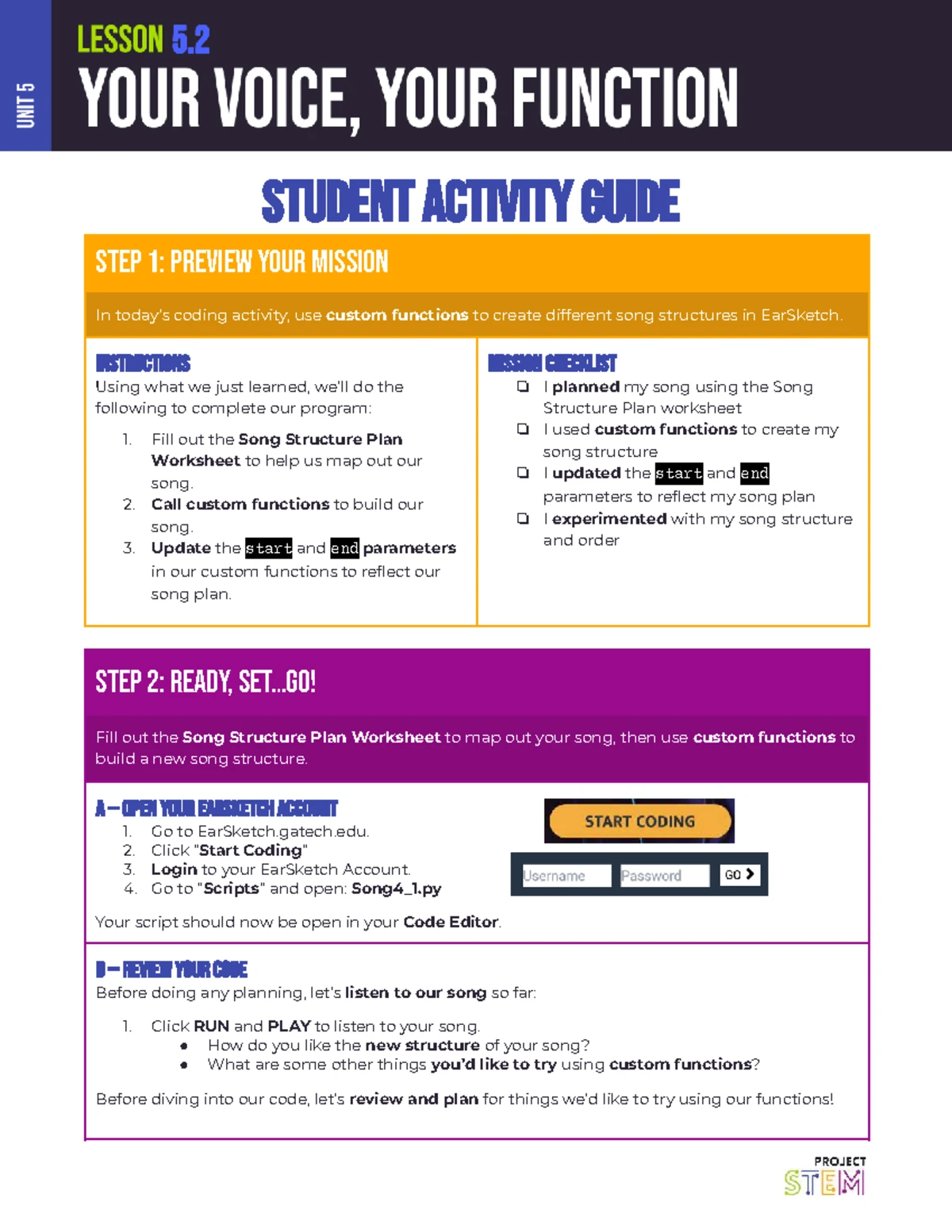 Student activity guide for coding with EarSketch: lesson 5.3 - Studocu