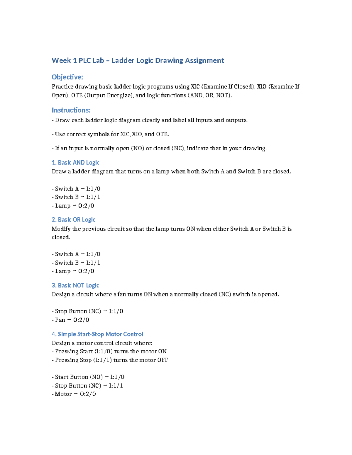 Chapter 2 PLC Lab Homework: Ladder Logic Drawing Assignment - Studocu