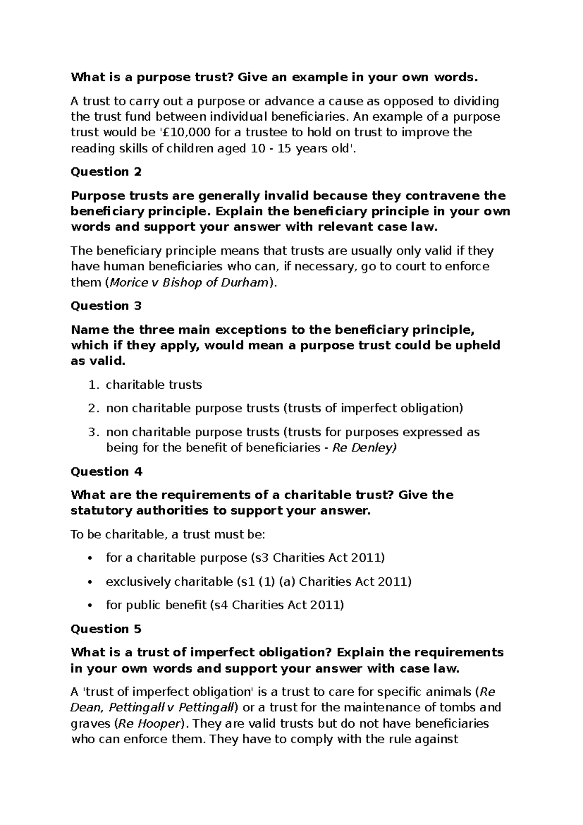 Equity and Trusts Key Concepts: Purpose Trusts Explained - Studocu