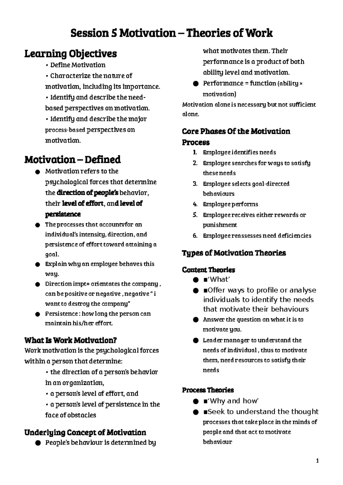 MPW Note 5: Theories of Work Motivation and Employee Behaviour - Studocu