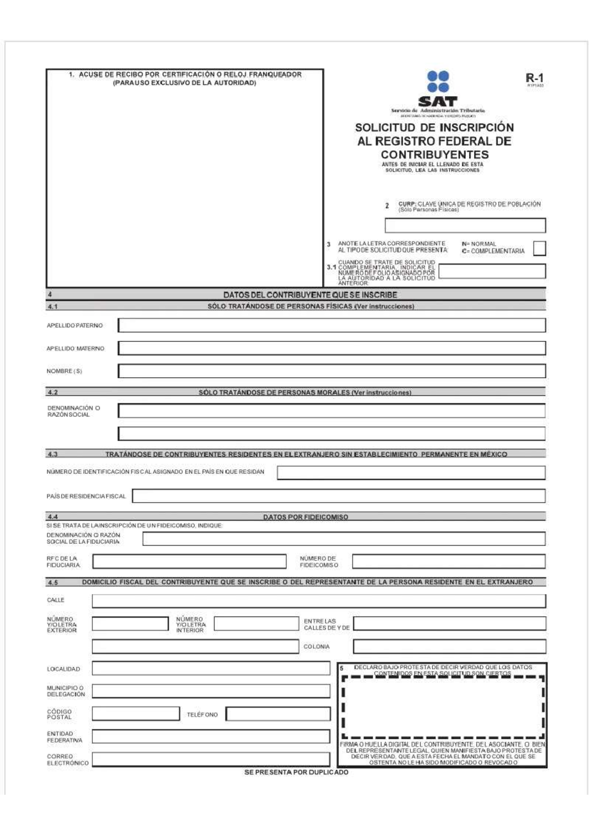 Solicitud de Inscripción al RFC - Formato SAT R-1 - Studocu