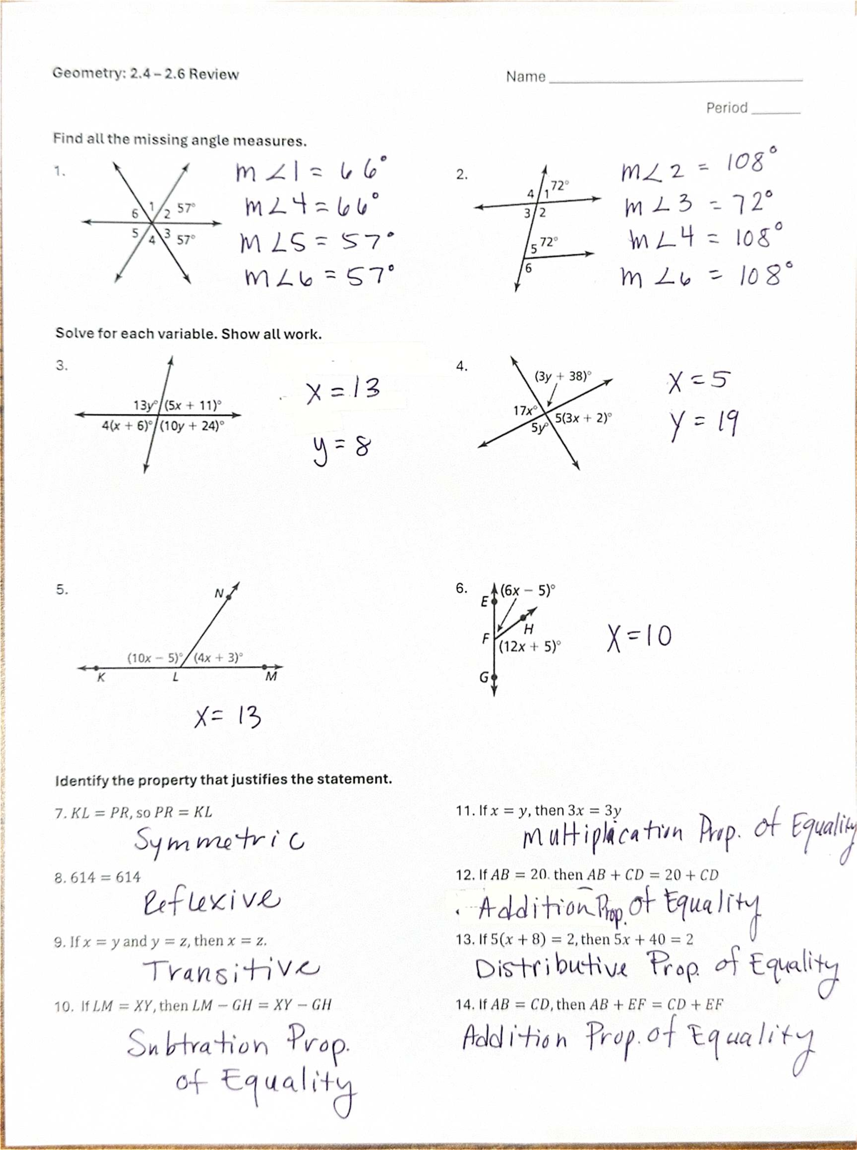 Geometry 2.4-2.6 Review Key: Angle Measures & Properties - Studocu