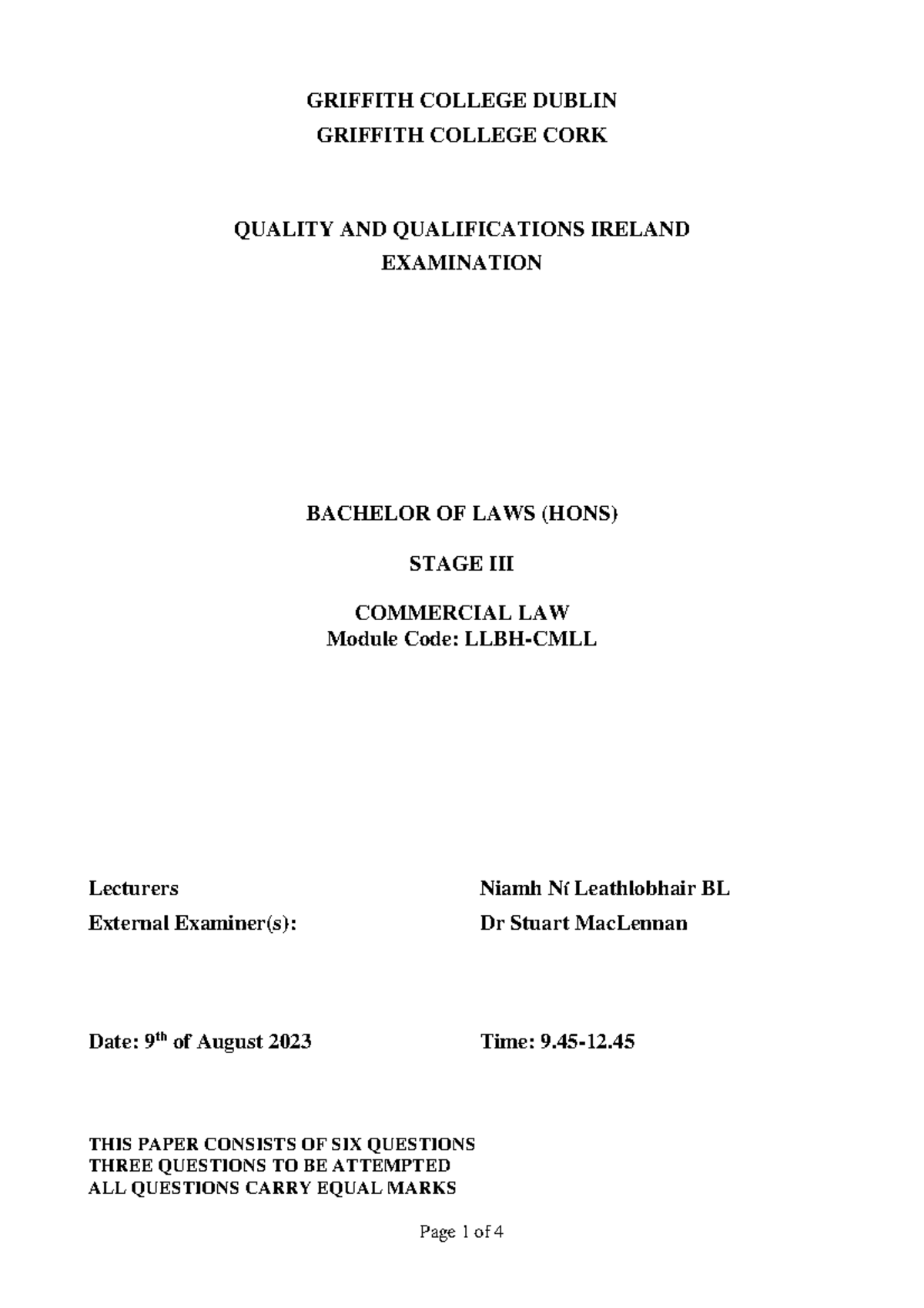Commercial Law Exam - Bachelor of Laws (Hons) - Stage 2023 - Studocu