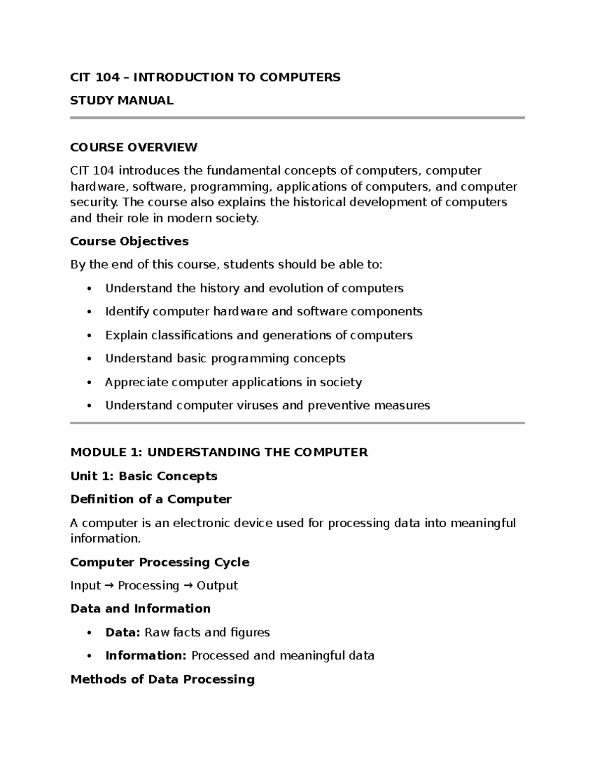 CIT 104 Introduction to Computers: Comprehensive Study Manual - Studocu