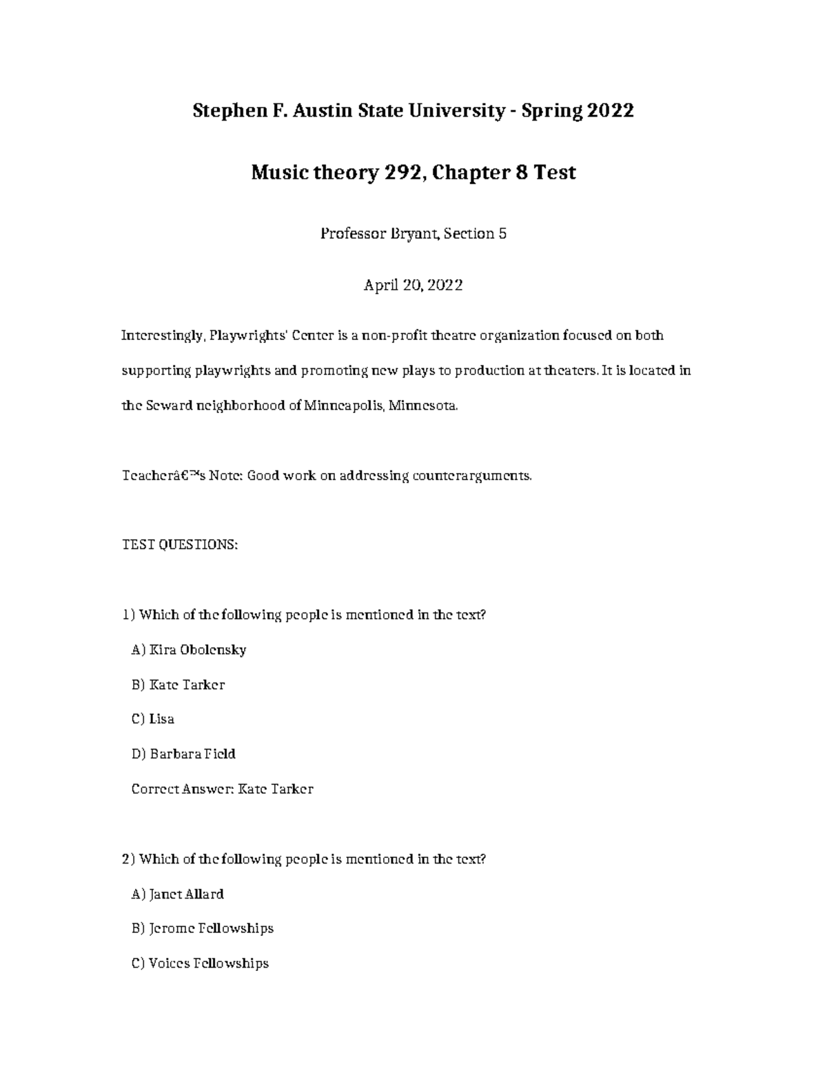 Music Theory 292 Spring 2022 Chapter 8 Test Review - Prof. Bryant - Studocu