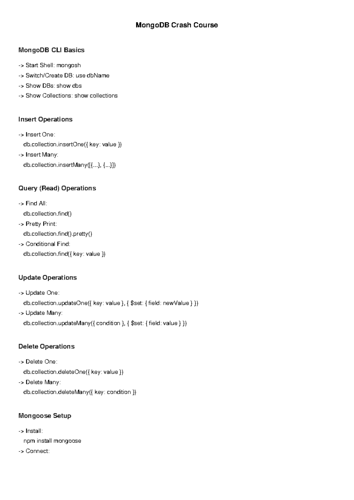 MongoDB Mongoose Cheatsheet: CLI Basics & Operations Guide - Studocu