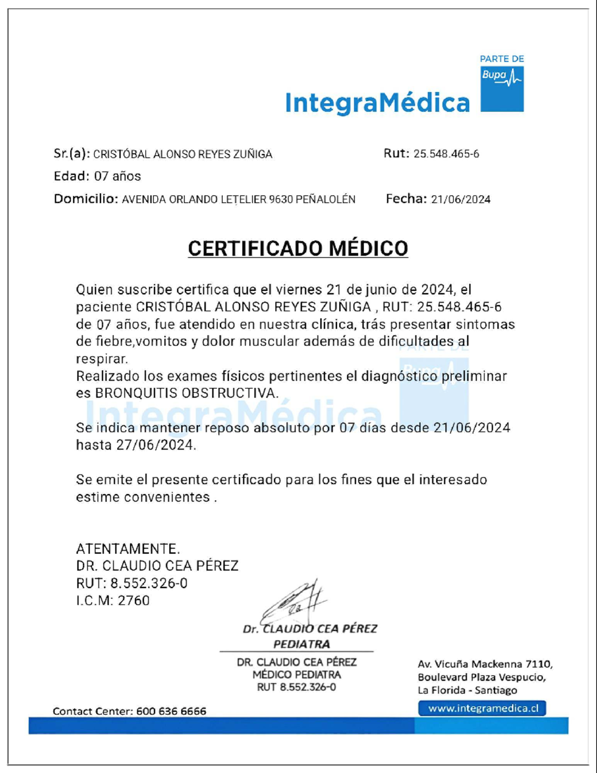 Certificado Médico de Cristóbal Alonso Reyes Zúñiga - 25.548 - Studocu