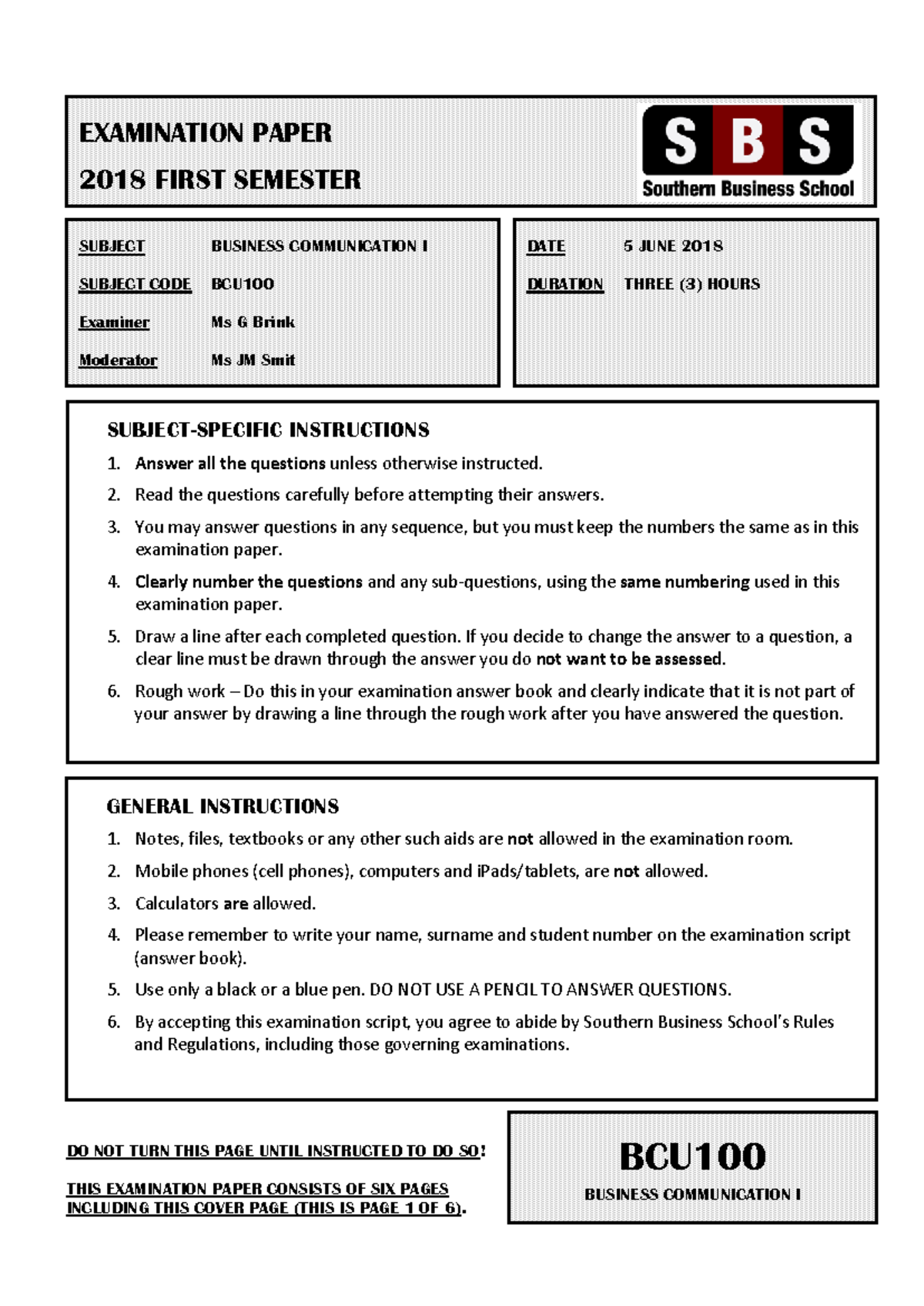 BCU100 2018 01 exam paper - BCU 100 - Studocu