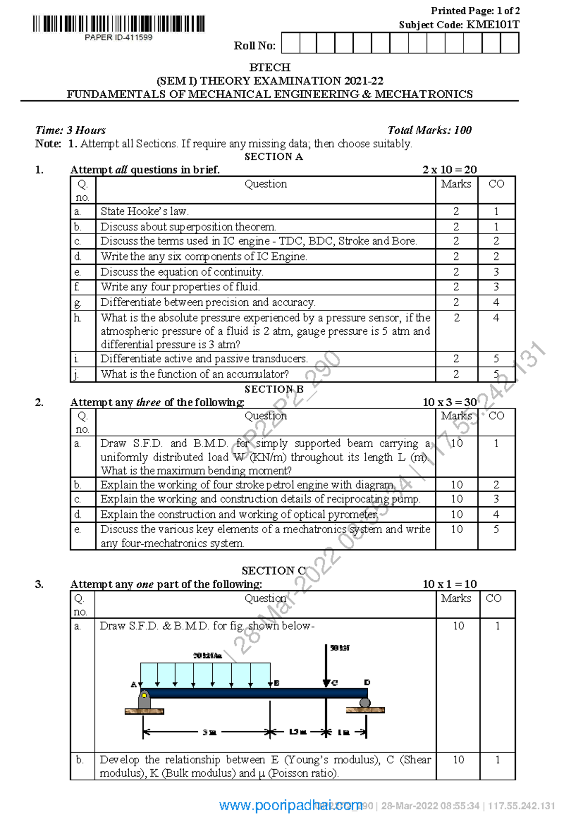 Fundamentals of Mechanical Engineering Mechatronics - KME101T Exam ...