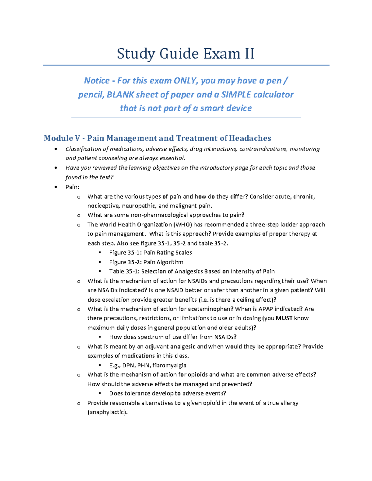 Study Guide for Exam II: Pain Management, Headaches, and More - Studocu