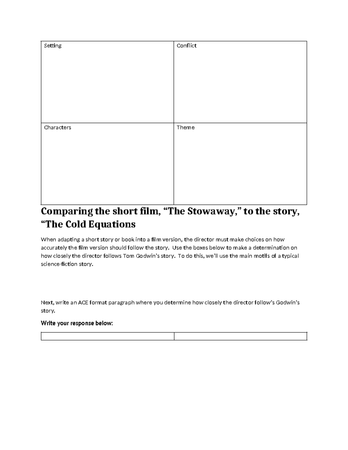 Comparing short film to story - Setting Conflict Characters Theme ...