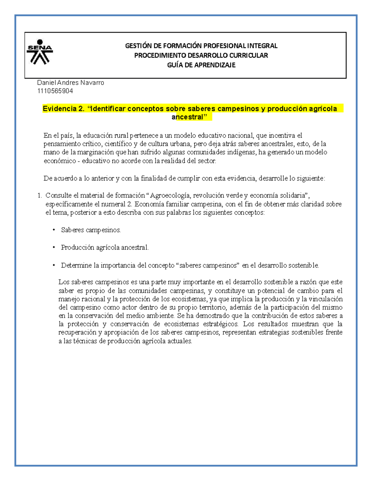 Evidencia 2: Comparativa sobre Saberes Campesinos y Producción Ancestral - Document Preview