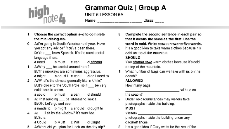 High Note 4 U6A Grammar Quiz - Group A - Studocu