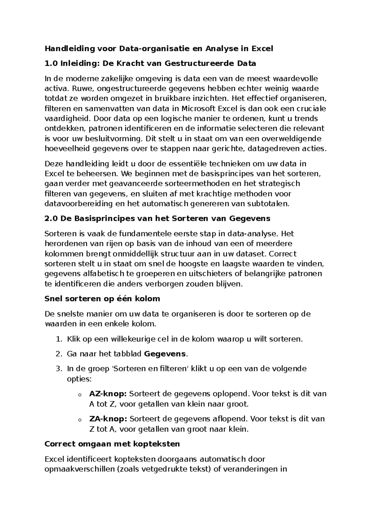 Excel 1.0 Handleiding: Gegevens Analyseren en Structureren - Studocu