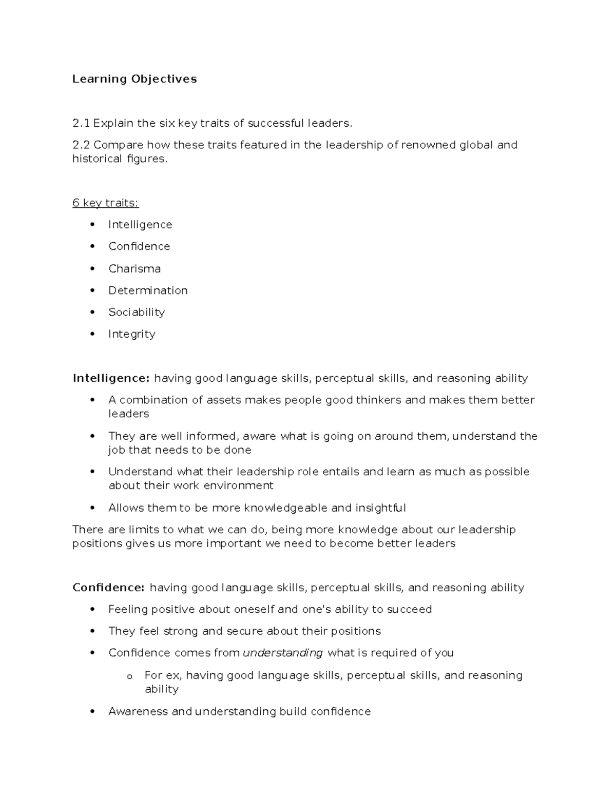 Learning Objectives - Leadership Traits (Chapter 1) - Studocu