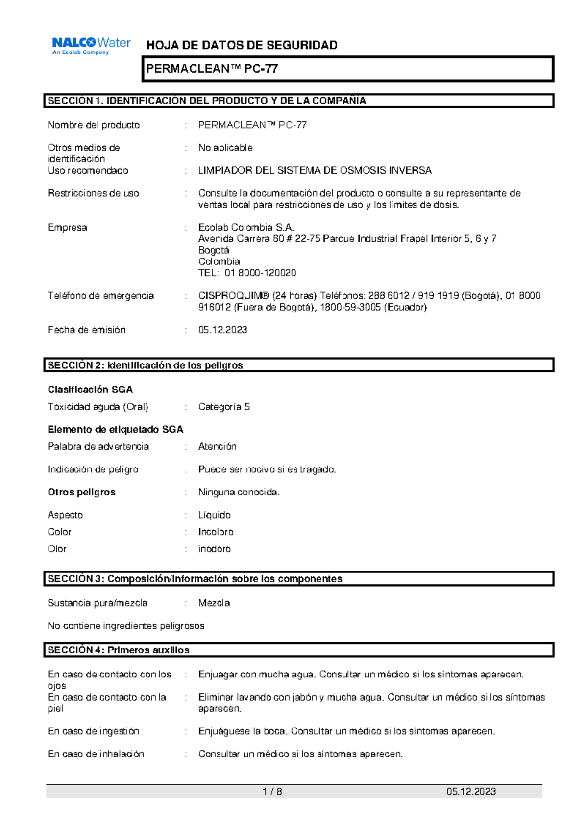 Hoja de Datos de Seguridad: Permaclean PC-77 - Ecolab Colombia - Studocu
