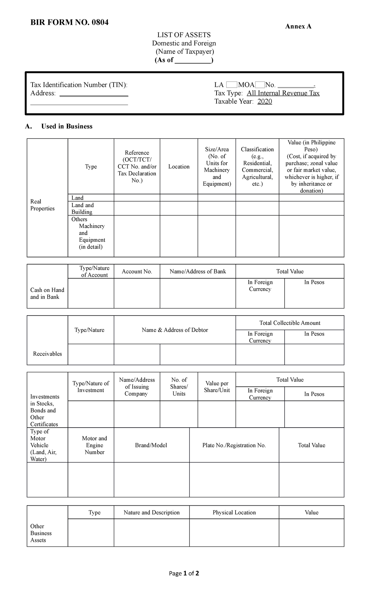 BIR FORM 0804 -List-of-Assets - Annex A LIST OF ASSETS Domestic and ...