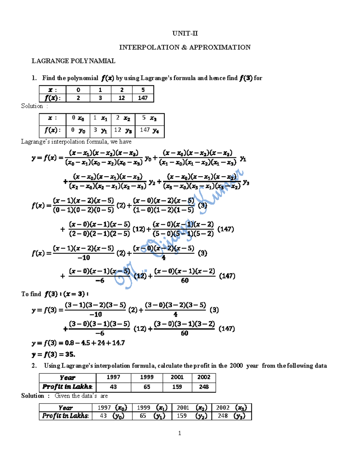 Numerical Analysis - UNIT-II INTERPOLATION & APPROXIMATION LAGRANGE ...