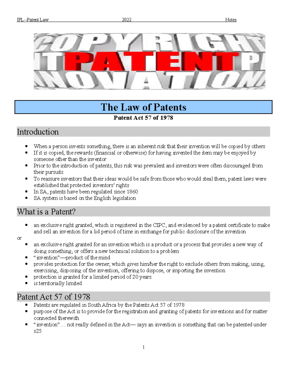 Patent Law 2022 - Comprehensive Notes on Patent Act & Inventions - Studocu
