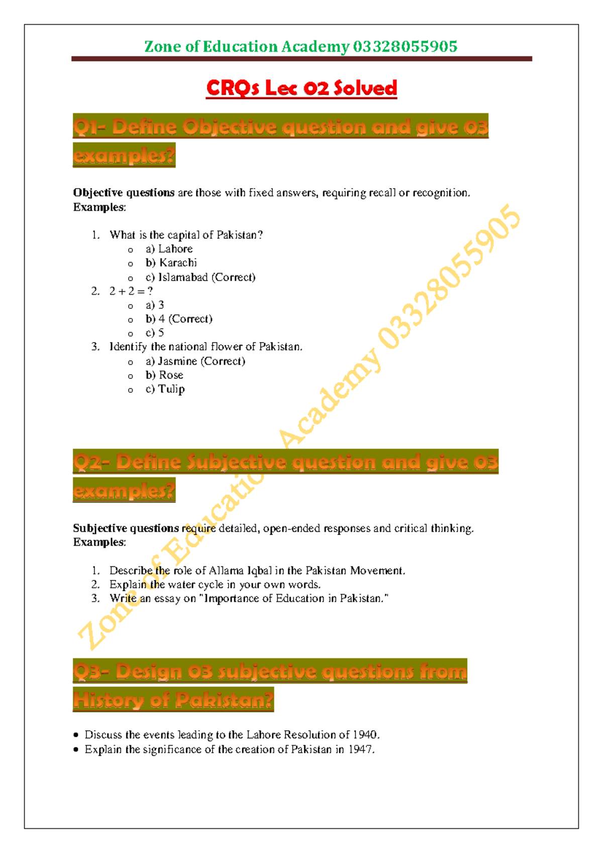 CRQ Lec 02 SOlved - crq based on govt teaching license - Zone of ...