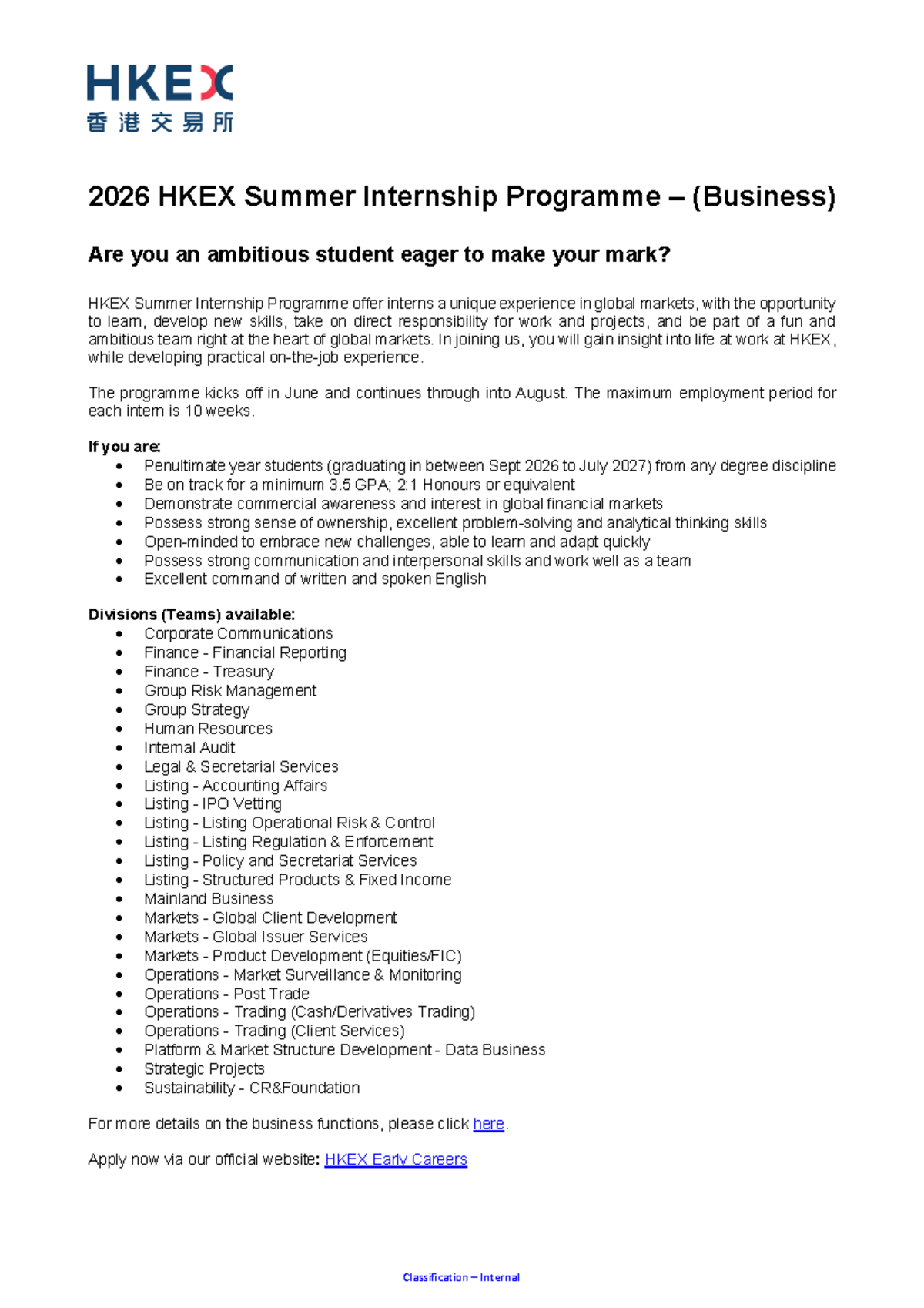 2026 HKEX Summer Internship Programme Overview and Opportunities - Studocu