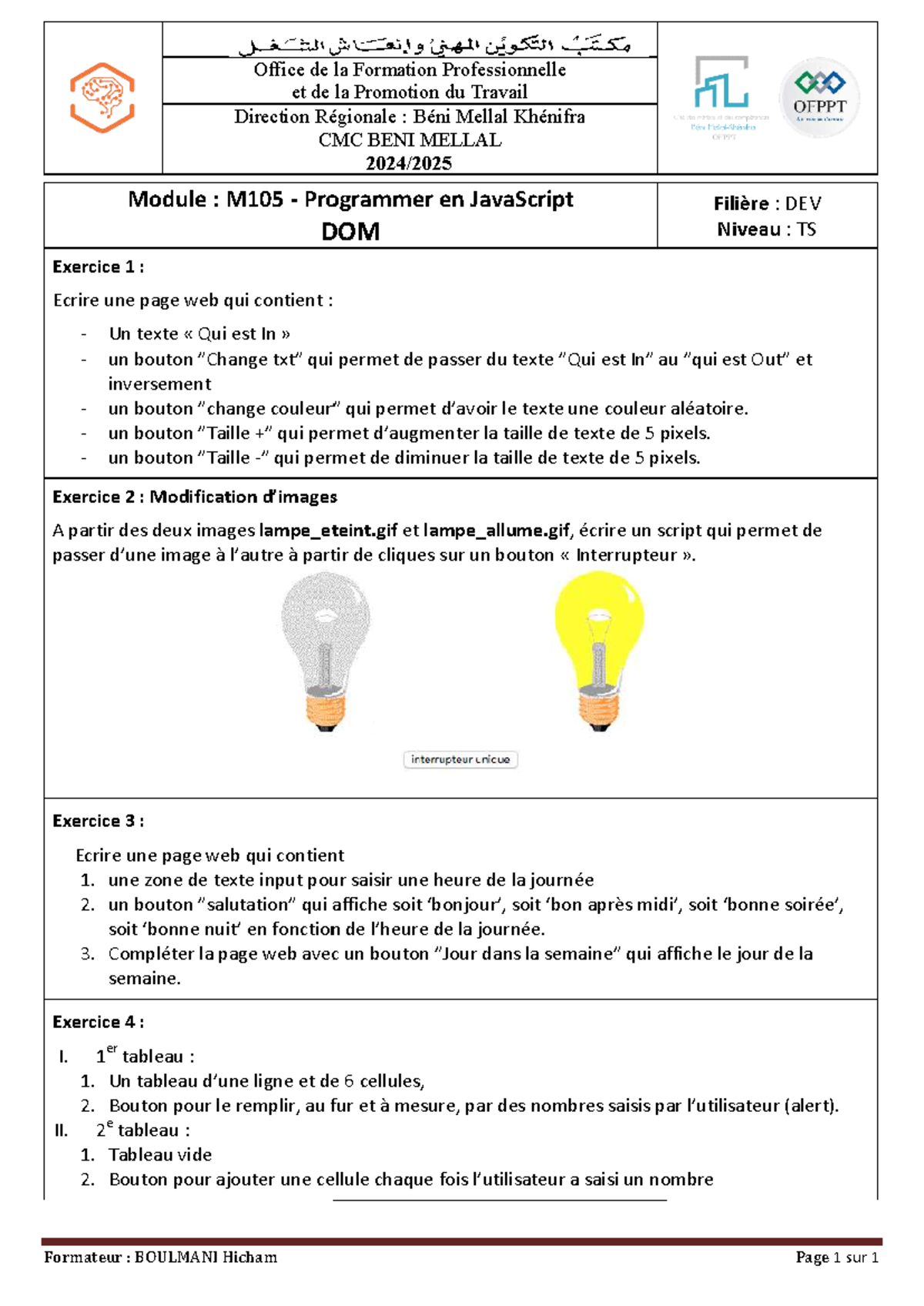 M105 Exercice 1 à 4 : Programmation JavaScript DOM - DEV TS - Studocu
