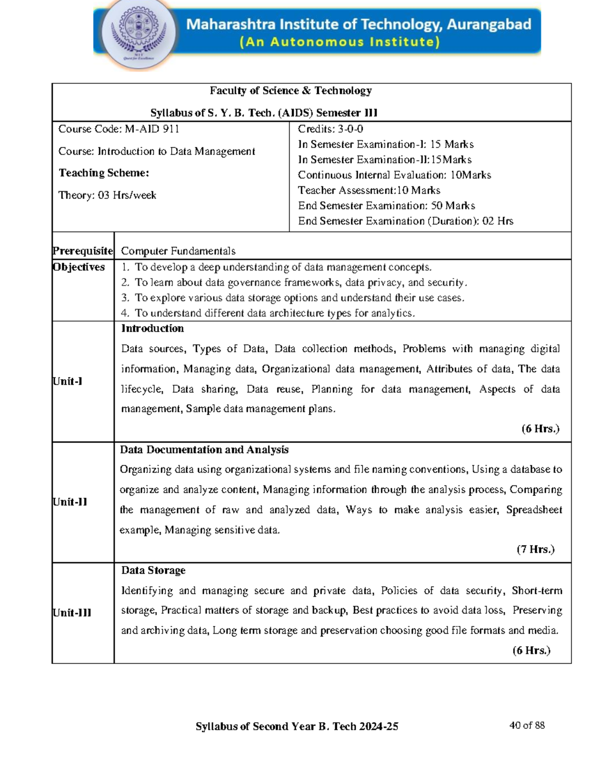 Syllabus for S.Y.B. Tech (AIDS) - Introduction to Data Management (911 ...