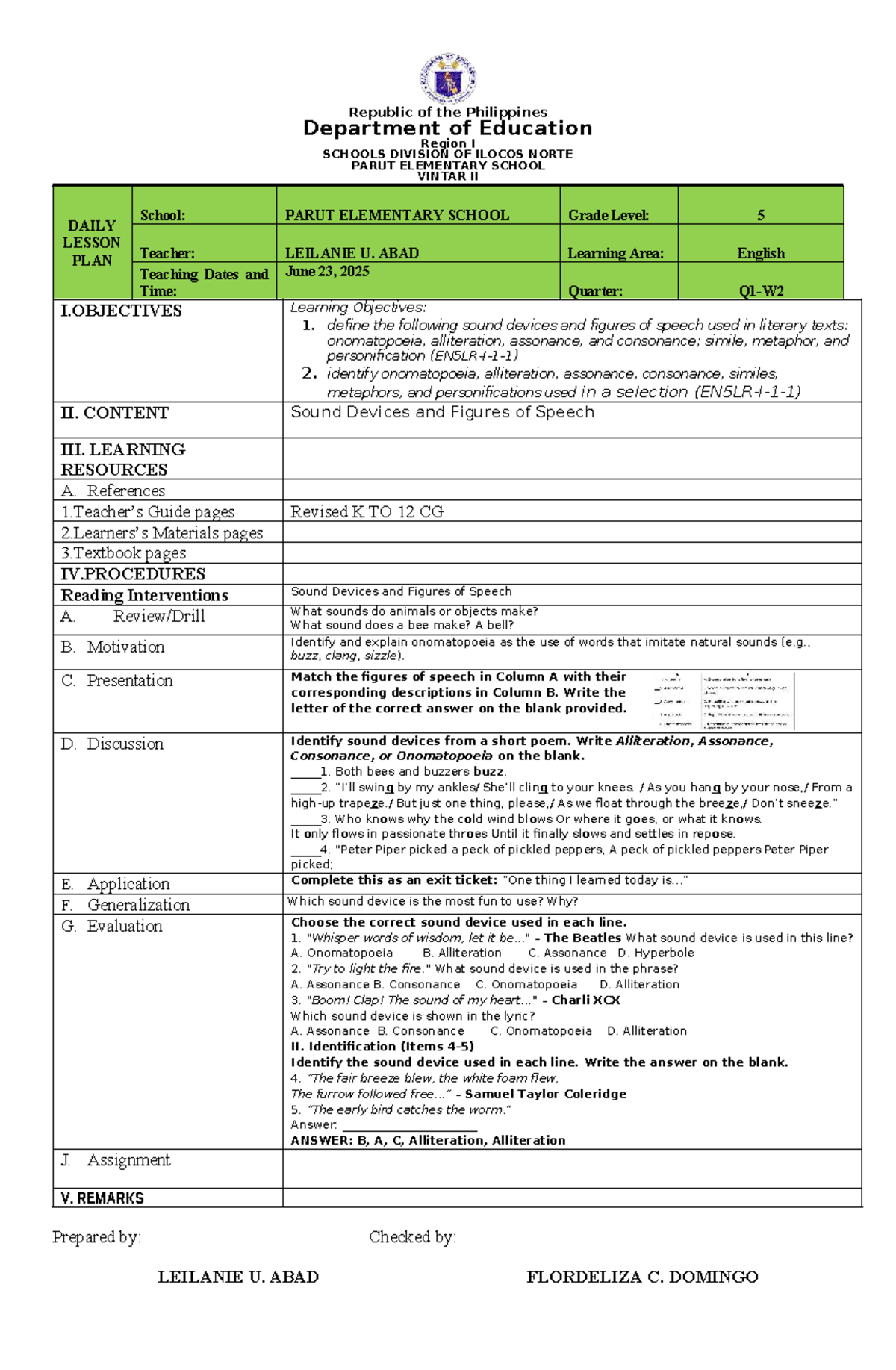 Grade 5 English Daily Lesson Plan: Sound Devices & Figures of Speech ...