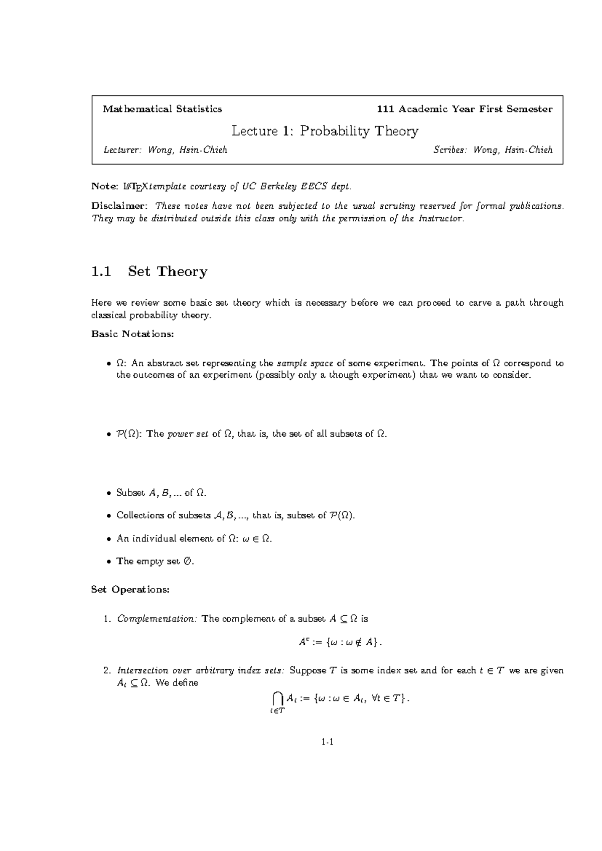 Mathematical Statistics 111: Lecture 1 - Probability Theory Notes - Studocu