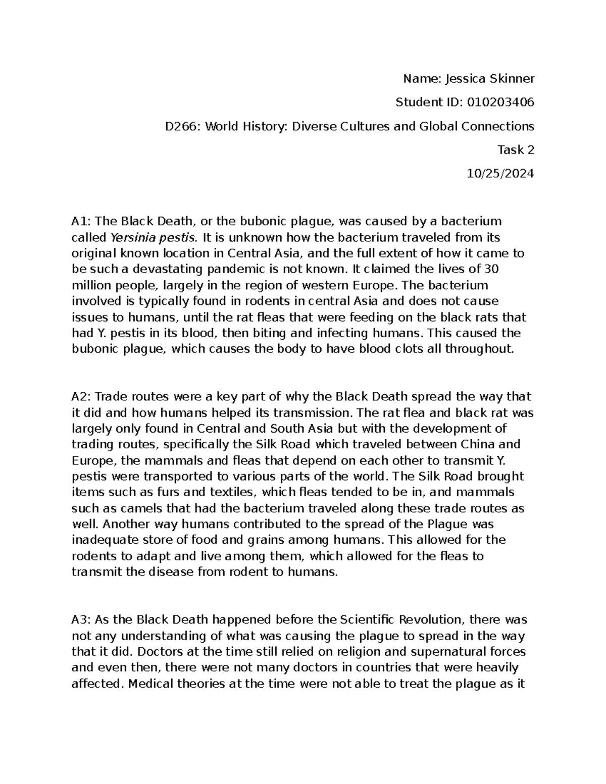 D266 Task 2: Analysis of the Black Death and Spanish Flu - Studocu