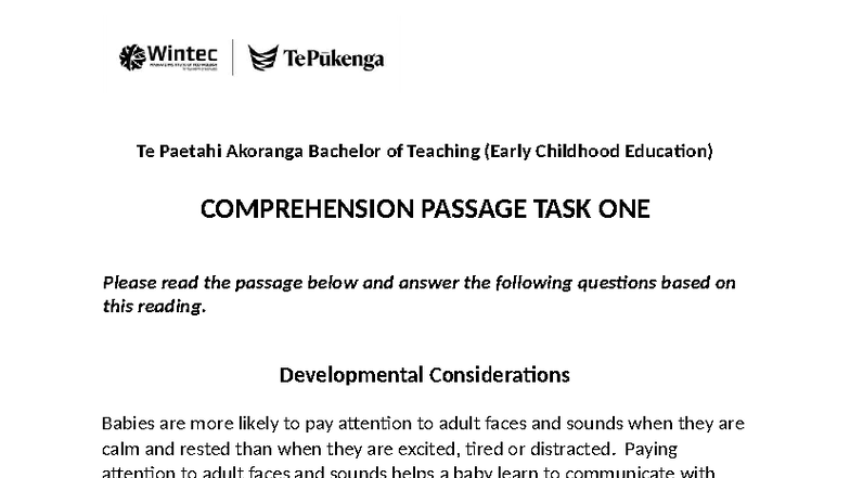 Te Paetahi Akoranga Bachelor of Teaching (ECE) Comprehension Task 1 ...